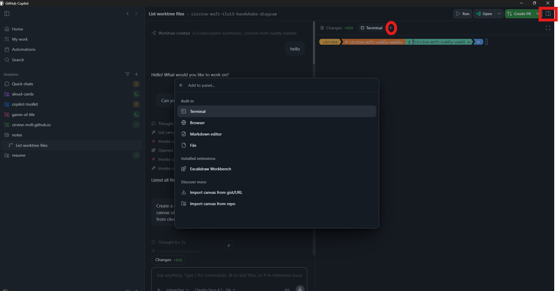 The "Add to panel" menu in the Copilot app, showing built-in canvases (Terminal, Browser, Markdown editor, File), the installed Excalidraw Workbench extension, and options to import more canvases from a gist/URL or repo