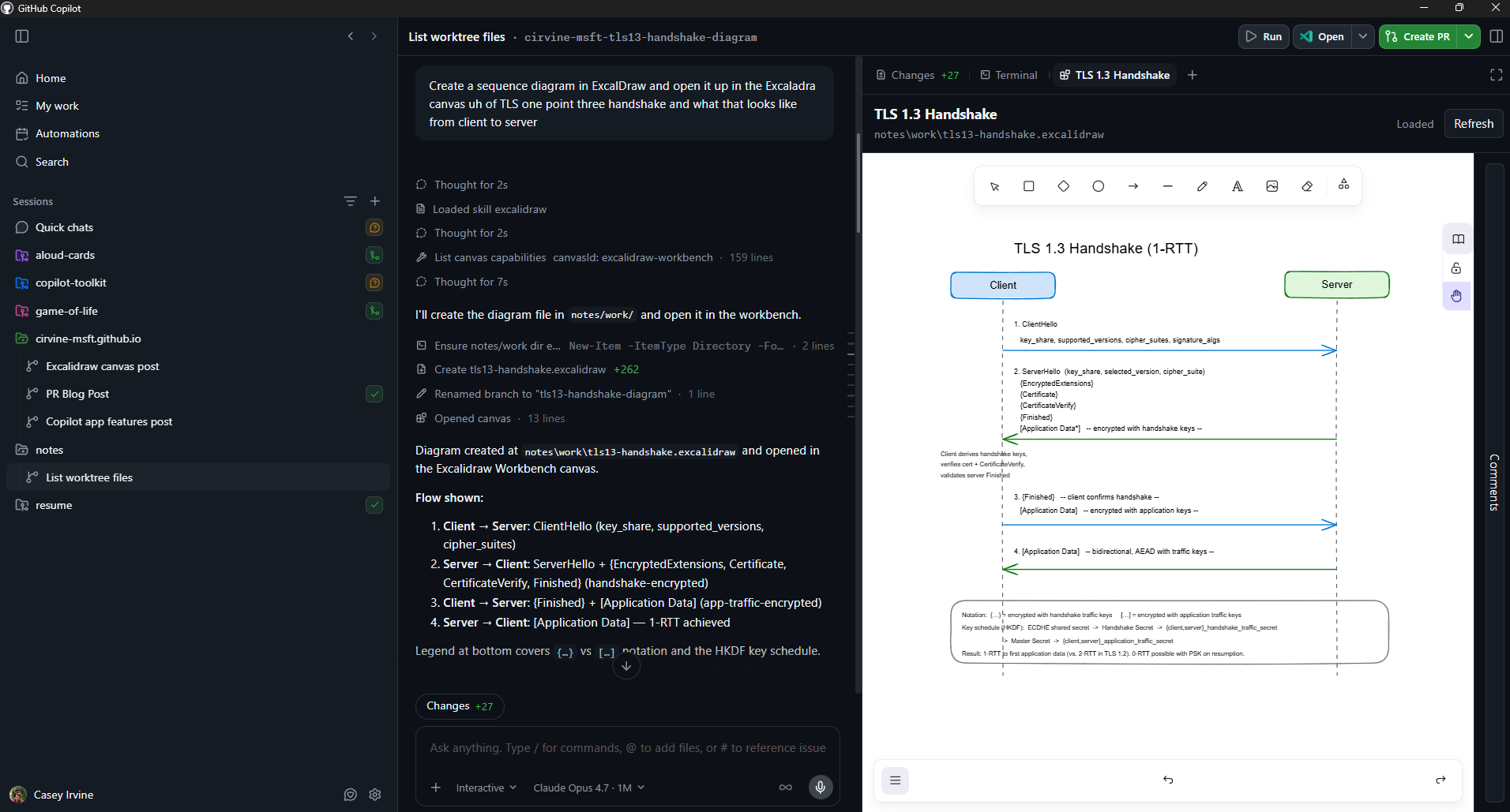 A TLS 1.3 handshake sequence diagram open in the Excalidraw Workbench canvas in the GitHub Copilot app, with the agent's chat response describing the flow on the left and the live editor on the right