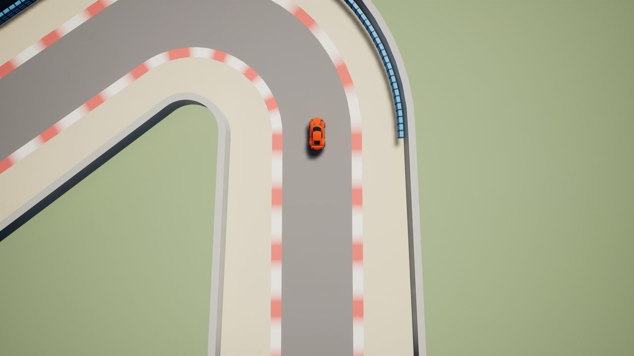 Overhead view of the orange placeholder car approaching Aldermoor's tight hairpin on the graybox circuit