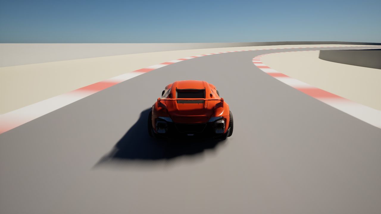 An orange placeholder sports car driving through Highfield Sweep on the graybox Aldermoor circuit