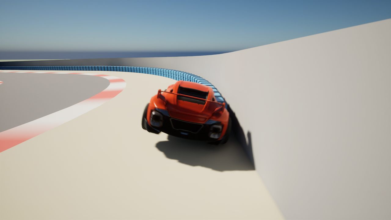 Trackside view of the orange placeholder car running wide at the Fold section of Aldermoor with blue modular barriers beside the circuit