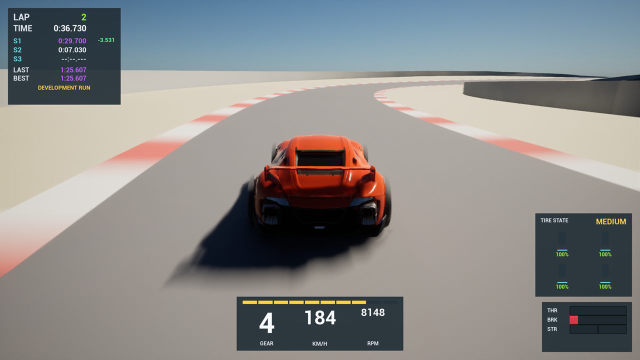 Chase view of Epic's orange placeholder car driving through the high-speed Highfield section with Overcut's HUD visible