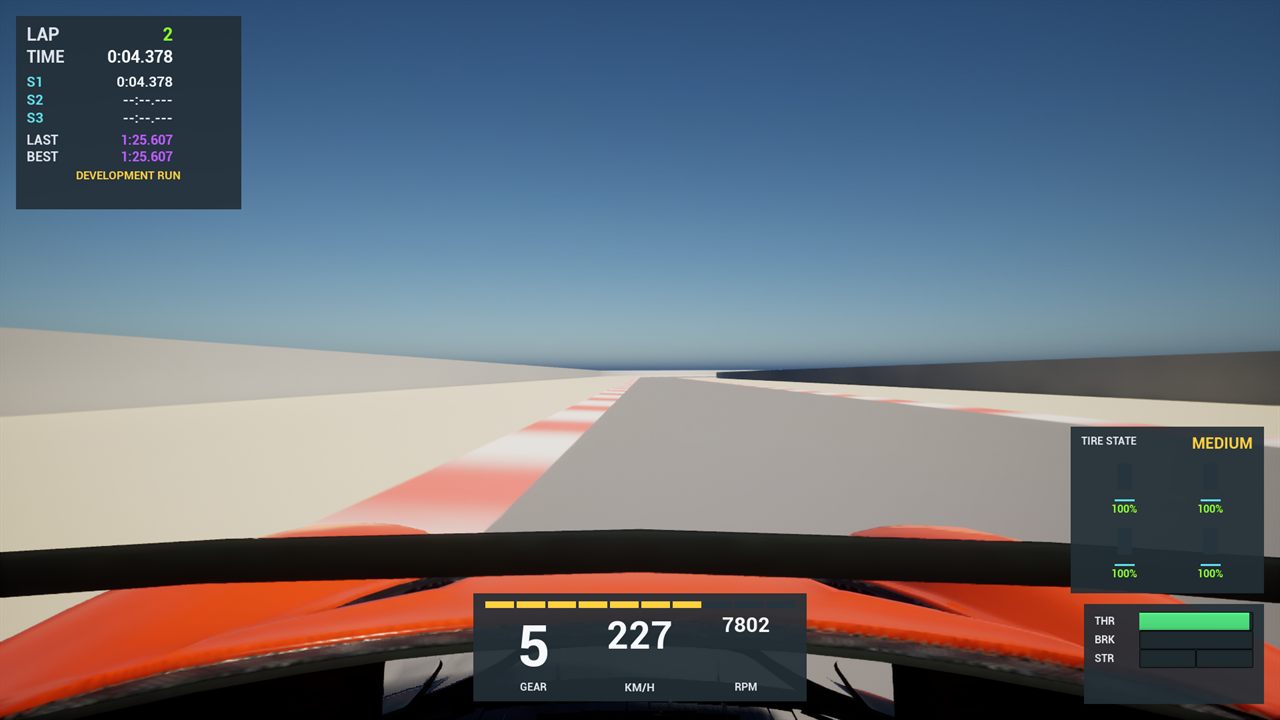 Cockpit view of Epic's orange placeholder car driving down Bridgeway Straight with Overcut's timing, tire, input, speed, gear, and RPM displays visible