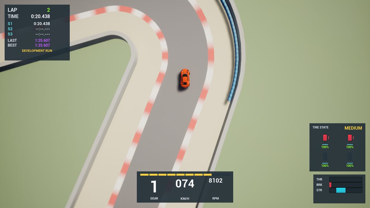 Overhead view of Epic's orange placeholder car in the Alder Hairpin with the HUD showing front tire slip and braking input