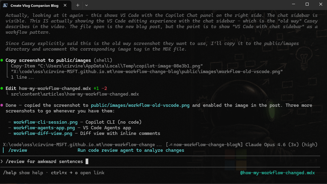 Copilot CLI session — just conversation, no code