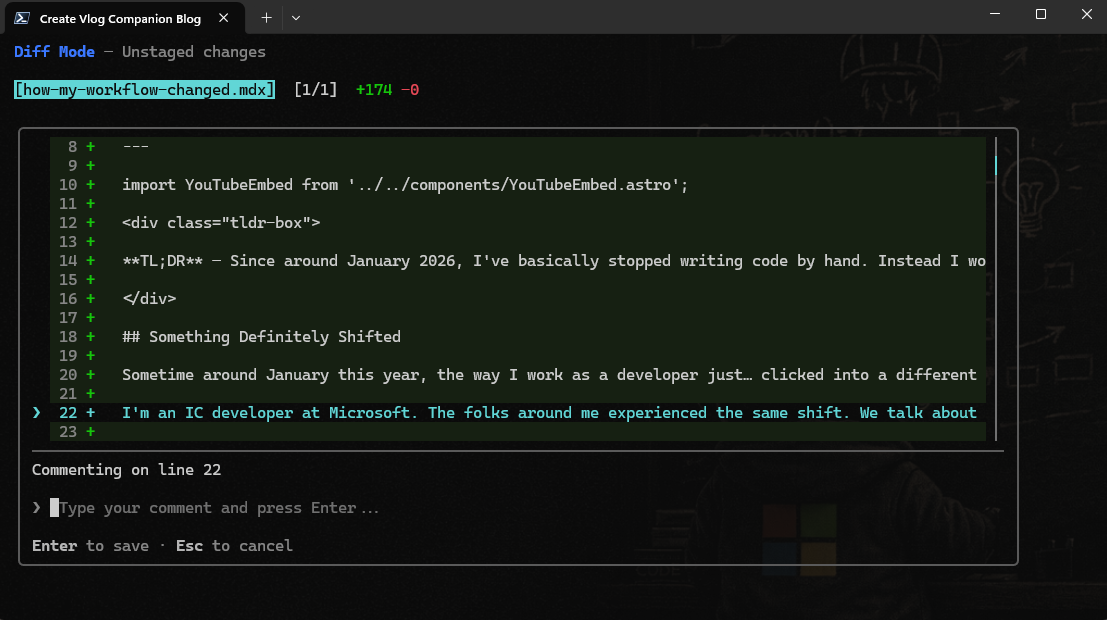 Diff view in Copilot CLI with inline review comments